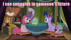 Size: 1005x565 | Tagged: safe, pinkie pie, spike, twilight sparkle, g4, crystal ball, eye contact, image macro, imma snuggle you, implied shipping, madame pinkie, open mouth, pillow, pink text, sitting, smiling, snuggling, turban