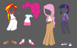 Size: 4104x2592 | Tagged: safe, artist:thecheeseburger, fluttershy, pinkie pie, sunset shimmer, twilight sparkle, equestria girls, g4, alternate clothes, alternate hairstyle, clothes, sandals, twilight sparkle (alicorn)