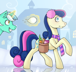 Size: 882x842 | Tagged: safe, artist:cruxisma, bon bon, lyra heartstrings, sweetie drops, earth pony, pony, unicorn, g4, clothes, duo, earmuffs, female, grin, l.u.l.s., lyra is amused, magic, mare, saddle bag, scarf, sneak attack, snow, snowball, telekinesis, wide eyes