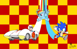 Size: 1115x717 | Tagged: source needed, useless source url, safe, artist:jazzytyfighter, rainbow dash, g4, car, crossover, mach 5, male, sonic the hedgehog, sonic the hedgehog (series), speed racer