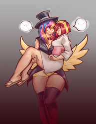 Size: 2550x3300 | Tagged: safe, artist:checkerboardazn, oc, oc only, oc:golden gates, oc:poniko, human, babscon, babscon mascots, blushing, carrying, feet, female, hat, high res, humanized, humanized oc, japan ponycon, lesbian, mascot, sandals, shipping, smug, top hat, zettai ryouiki