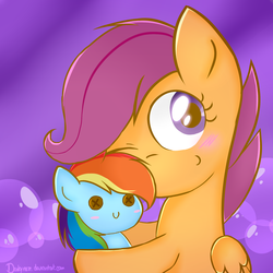 Size: 2000x2000 | Tagged: safe, artist:darkynez, rainbow dash, scootaloo, pegasus, pony, g4, abstract background, blushing, bubble, button eyes, cuddling, cute, cutealoo, female, filly, foal, folded wings, high res, hoof hold, hug, one eye closed, plushie, rainbow dash plushie, signature, smiling, solo, wings