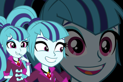 Size: 900x600 | Tagged: safe, sonata dusk, equestria girls, g4, rainbow rocks, faic, grin, laughing, laughing tom cruise, meme, multeity, reaction image, school of sonatas, smiling, snickering, trio, wide eyes