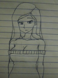 Size: 3456x4608 | Tagged: safe, artist:shrusxaiken, fluttershy, human, g4, breasts, busty fluttershy, cleavage, clothes, female, humanized, lined paper, monochrome, off shoulder, sketch, solo, sweater, sweatershy, traditional art