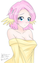 Size: 800x1261 | Tagged: safe, artist:jonfawkes, fluttershy, human, g4, 30 minute art challenge, alternate hairstyle, clothes, humanized, off shoulder, wing ears