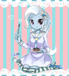 Size: 674x743 | Tagged: safe, artist:moufu, trixie, equestria girls, g4, blushing, cake, clothes, cute, diatrixes, dress, female, fork, high heels, looking at you, shoes, smiling, solo, stockings