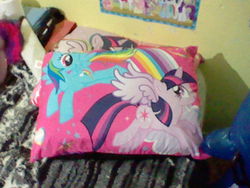 Size: 640x480 | Tagged: safe, rainbow dash, twilight sparkle, alicorn, pony, g4, bed, bedroom, female, mare, pillow, poster, twilight sparkle (alicorn)