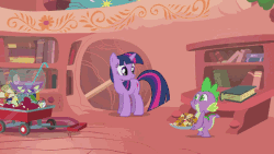Size: 576x324 | Tagged: safe, screencap, spike, twilight sparkle, dragon, pony, unicorn, g4, owl's well that ends well, animated, apple, book, bookshelf, cookie, deaf, desk, door, duo, female, giggling, golden oaks library, ladder, male, mare, praise, punch (drink), punch bowl, realization, sassy, scroll, smiling, smirk, spikelove, stairs, telescope, that's spike, unicorn twilight, wagon