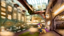 Size: 1920x1080 | Tagged: safe, artist:fuzzyfox11, scootaloo, g4, clothes, factory, hammer, technically advanced, wrench