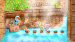 Size: 2560x1440 | Tagged: safe, artist:fuzzyfox11, fluttershy, rainbow dash, g4, scared, temple, waterfall