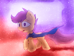 Size: 2048x1536 | Tagged: safe, artist:fuzzyfox11, scootaloo, g4, clothes, female, scarf, snow, snowfall, solo, winter