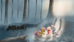 Size: 1920x1080 | Tagged: safe, artist:fuzzyfox11, scootaloo, sweetie belle, giant spider, spider, g4, behind you, clothes, forest, scarf, snow, snowfall, snowman, this will end in tears and/or death, tree sap and pine needles, when you see it, winter