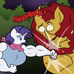 Size: 1000x1000 | Tagged: safe, artist:glux2, manny roar, rarity, manticore, anthro, friendship is magic, g4, alternate scenario, fabulous, muscles, punch, ripped rarity, sound effects, take that you ruffian