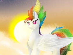 Size: 1600x1200 | Tagged: safe, artist:colourboom, rainbow dash, g4, bedroom eyes, cloud, female, looking at you, smiling, solo, sun, super rainbow dash
