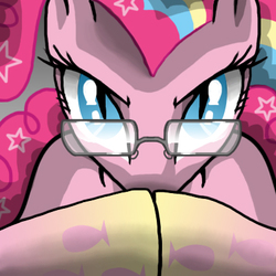 Size: 400x400 | Tagged: safe, artist:adenyne, pinkie pie, g4, female, gendo pose, glare, glasses, looking at you, nightmare pinkie, nightmarified, rainbow power, slit pupils, solo