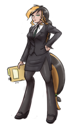 Size: 760x1280 | Tagged: safe, artist:king-kakapo, oc, oc only, oc:darcy, satyr, anthro, business suit, clothes, high heels, office, offspring, pantyhose, parent:big macintosh, skirt, solo