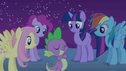 Size: 1152x648 | Tagged: safe, screencap, fluttershy, pinkie pie, rainbow dash, rarity, spike, twilight sparkle, dragon, earth pony, pegasus, pony, unicorn, g4, owl's well that ends well, season 1, admiration, animated, baby, baby dragon, cute, floating, hill, horn, lidded eyes, night, praise, scratching, sheepish, shrug, smiling, spikabetes, spike gets all the mares, spikelove, stare, stars, straight, unicorn twilight, wingless spike
