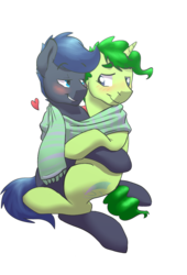 Size: 857x1257 | Tagged: safe, artist:hoodoo, oc, oc only, oc:bluemoon, oc:hoodoo, blushing, clothes, cuddling, gay, heart, male, scarf, shared clothing, shared scarf, shipping, simple background, snuggling, transparent background