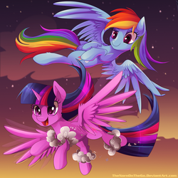 Size: 4000x4000 | Tagged: safe, artist:thenornonthego, rainbow dash, twilight sparkle, alicorn, pony, g4, absurd resolution, cloud, cloud wings, cloudy, cute, duo, duo female, female, fluffy, flying, happy, mare, open mouth, raised eyebrow, smiling, spread wings, sunset, twilight sparkle (alicorn), upside down