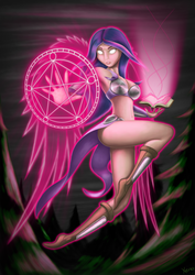 Size: 2480x3508 | Tagged: safe, artist:the1xeno1, twilight sparkle, human, g4, armpits, book, clothes, female, glowing eyes, gritted teeth, high res, humanized, magic, magic circle, pentagram, skirt, solo, unconvincing armor