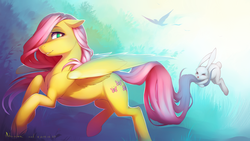 Size: 3151x1772 | Tagged: dead source, safe, artist:antiander, angel bunny, fluttershy, bird, pegasus, pony, g4, blushing, female, floppy ears, flying, hair over one eye, mare, pretty, realistic anatomy, realistic horse legs, solo, spread wings, tail, tail pull, wings