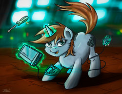 Size: 1018x785 | Tagged: safe, artist:theastralwanderer, oc, oc only, oc:littlepip, pony, unicorn, fallout equestria, fallout, fanfic, fanfic art, female, mare, pipbuck, screwdriver, solo, toaster repair pony