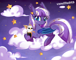 Size: 1280x1015 | Tagged: dead source, safe, artist:spookyle, oc, oc only, oc:sweet lullaby, bat, bat pony, pony, cloud, cloudy, fangs, pet, pet oc, solo, stars, tangible heavenly object
