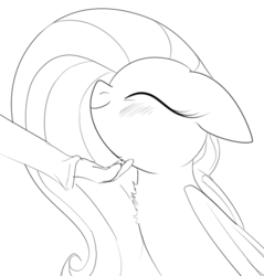 Size: 478x500 | Tagged: safe, artist:dotkwa, fluttershy, human, g4, blushing, chest fluff, chin scratch, cute, disembodied hand, eyes closed, grayscale, hand, happy, monochrome, sketch, smiling