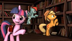 Size: 1920x1080 | Tagged: safe, artist:neondion60, applejack, rainbow dash, twilight sparkle, g4, 3d, book, cowboy hat, hat, saddle bag, shelf