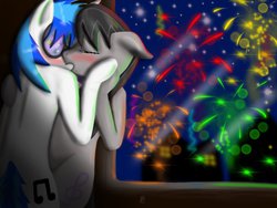 Size: 1024x768 | Tagged: safe, artist:konfettimayhem, dj pon-3, octavia melody, vinyl scratch, pony, g4, duo, female, fireworks, kissing, lesbian, ship:scratchtavia, shipping