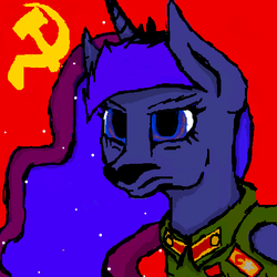 Size: 500x499 | Tagged: source needed, safe, princess luna, alicorn, pony, g4, clothes, communism, facial hair, female, hammer and sickle, josef stalin, mare, moustache, solo, soviet