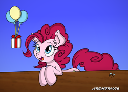 Size: 1020x738 | Tagged: safe, artist:arthur9078, artist:dfectivedvice, color edit, pinkie pie, g4, balloon, female, present, solo