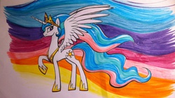 Size: 1530x856 | Tagged: safe, artist:spacezoon, princess celestia, alicorn, pony, g4, female, rainbow background, raised hoof, smiling, solo, spread wings, traditional art