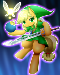 Size: 560x700 | Tagged: safe, artist:hashioaryut, applejack, earth pony, fairy, pony, g4, applelink, bomb, female, freckles, link, link's tunic, pixiv, razor sword, solo, sword, the legend of zelda, the legend of zelda: majora's mask, tunic