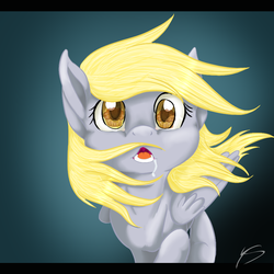 Size: 894x894 | Tagged: safe, artist:chibikemono, derpy hooves, pegasus, pony, g4, drool, eye reflection, female, looking at you, mare, muffin, solo, that pony sure does love muffins