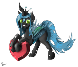 Size: 3500x3000 | Tagged: safe, artist:xael-alex, queen chrysalis, changeling, changeling queen, g4, crown, female, grin, heart, high res, jewelry, regalia, simple background, solo, transparent wings, wings