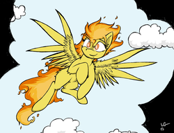 Size: 3344x2568 | Tagged: safe, artist:lucas_gaxiola, spitfire, pegasus, pony, g4, cloud, female, flying, high res, mare, signature, smiling, solo