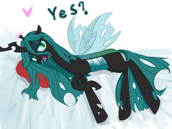 Size: 800x600 | Tagged: safe, artist:1583, queen chrysalis, changeling, changeling queen, g4, bedroom eyes, blushing, female, heart, looking at you, on side, pillow, pixiv, solo