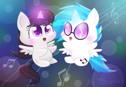 Size: 2000x1385 | Tagged: safe, artist:freckledbastard, artist:tsupirka, dj pon-3, octavia melody, vinyl scratch, g4, alicornified, chibi, glowing horn, horn