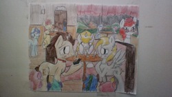 Size: 1044x587 | Tagged: safe, artist:crimsion ink, derpy hooves, dinky hooves, doctor whooves, time turner, pegasus, pony, g4, female, male, mare, marriage proposal, ship:doctorderpy, shipping, straight, traditional art, wedding ring