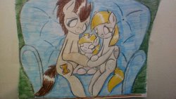 Size: 1024x576 | Tagged: safe, artist:crimsion ink, derpy hooves, dinky hooves, doctor whooves, time turner, pegasus, pony, g4, cute, daaaaaaaaaaaw, derpabetes, dinkabetes, equestria's best family, family, female, happy, mare, smiling, traditional art