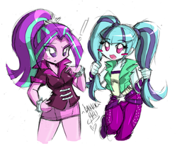 Size: 1248x1026 | Tagged: safe, artist:danmakuman, aria blaze, sonata dusk, human, equestria girls, g4, accessory swap, alternate hairstyle, ariabetes, blushing, clothes, clothes swap, cute, exclamation point, high ponytail, jacket, long hair, pants, pigtails, ponytail, skirt, sonatabetes, twintails