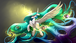Size: 1920x1080 | Tagged: safe, artist:underpable, princess celestia, g4, action pose, elements of harmony, female, glowing eyes, glowing horn, horn, impossibly long hair, impossibly long tail, jewelry, levitation, magic, regalia, solo, spread wings, wallpaper