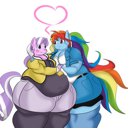 Size: 1280x1280 | Tagged: safe, artist:mad'n evil, diamond tiara, rainbow dash, anthro, g4, bbw, chubby diamond, clothes, equestria girls outfit, fat, female, lesbian, obese, older, pants, rainblob dash, shipping, thunder thighs