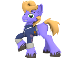 Size: 1024x867 | Tagged: safe, artist:sherfur, oc, oc only, oc:kings folly, earth pony, pony, fallout equestria, 3d, clothes, jumpsuit, solo, unshorn fetlocks, vault suit