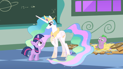 Size: 1366x768 | Tagged: safe, screencap, princess celestia, spike, twilight sparkle, g4, the cutie mark chronicles, baby spike, female, filly, foal, younger