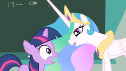 Size: 1366x768 | Tagged: safe, screencap, princess celestia, twilight sparkle, alicorn, pony, unicorn, g4, the cutie mark chronicles, female, filly, mare, younger