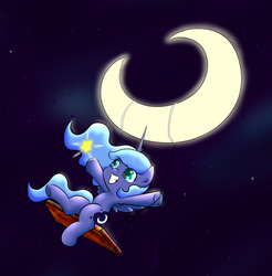 Size: 1624x1649 | Tagged: safe, artist:alazak, princess luna, g4, cute, female, filly, moon, solo, swing, tangible heavenly object, woona