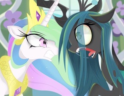 Size: 561x436 | Tagged: safe, artist:coltsteelstallion, princess celestia, queen chrysalis, alicorn, changeling, changeling queen, pony, a canterlot wedding, g4, crown, drool, duo, female, jewelry, looking at each other, mare, open mouth, regalia, scene interpretation