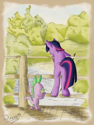 Size: 775x1031 | Tagged: safe, artist:dunnowhattowrite, spike, twilight sparkle, pony, unicorn, g4, bridge, butt, duo, featureless crotch, male, plot, reference, river, winnie the pooh